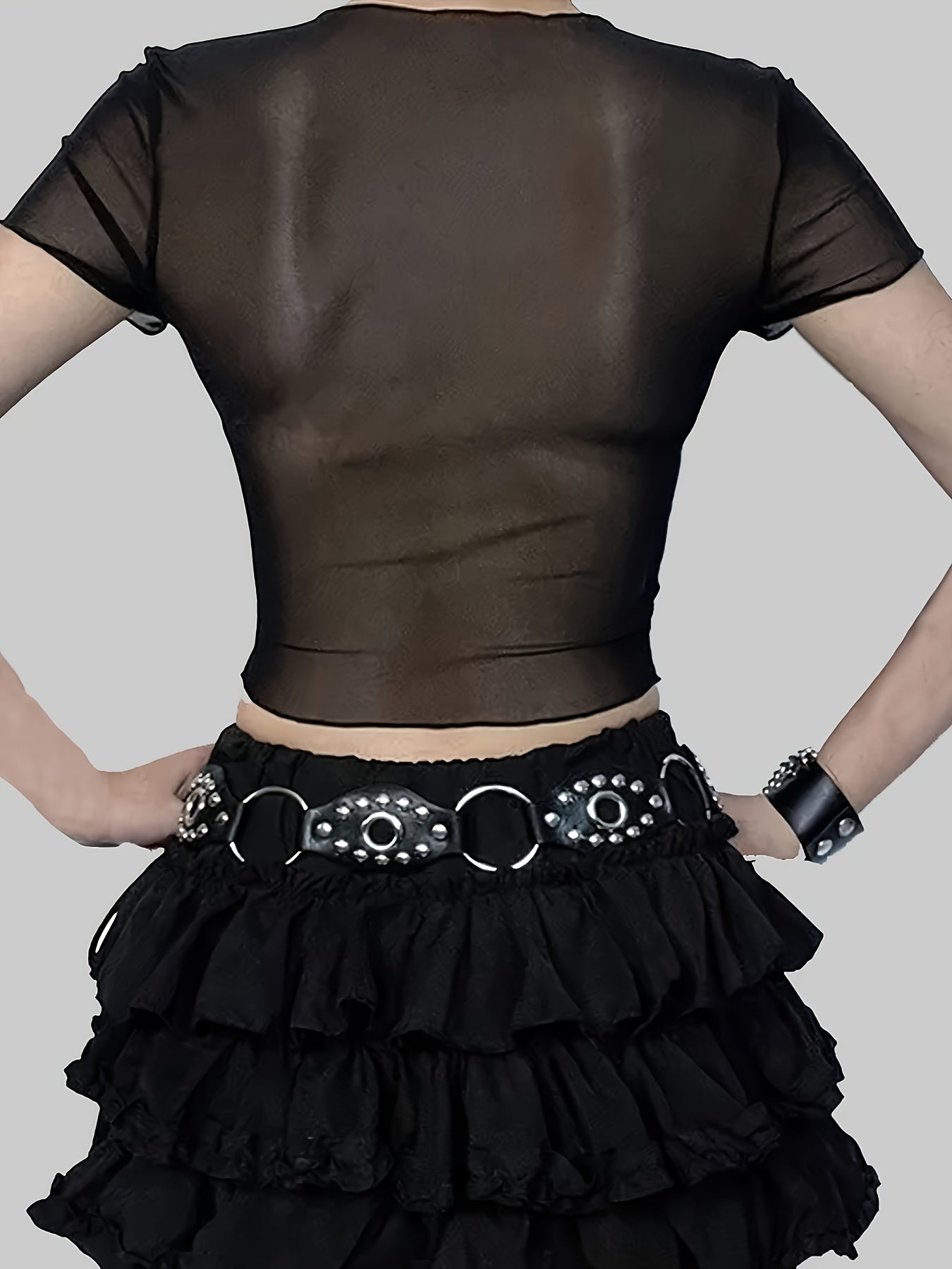 Fashion Butterfly Rhinestone Sexy Sheer Belly Button Short Women's T-Shirt with Round Neck Mesh Top and Wooden Ears, No Underwear Included